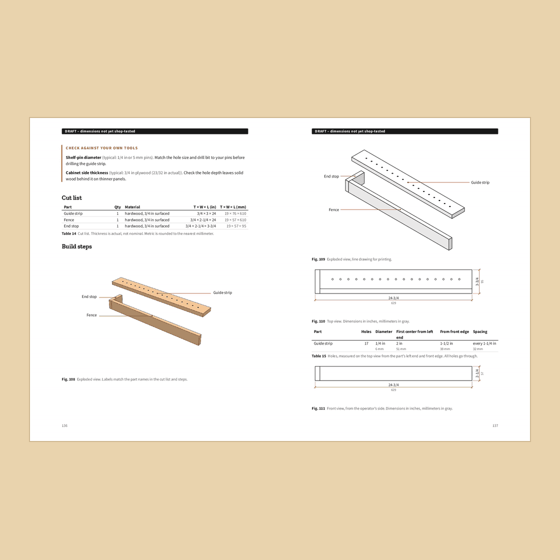 Plan pages: shelf-pin jig cut list and dimensioned drawings